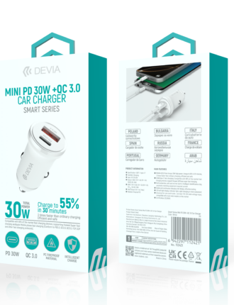 Smart Series Mini PD 30W +QC 3.0 Car Charger White